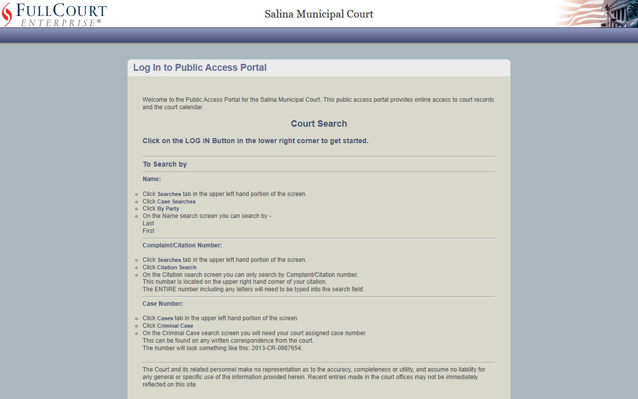 Saline County court dockets Salina FullCourt public access portal