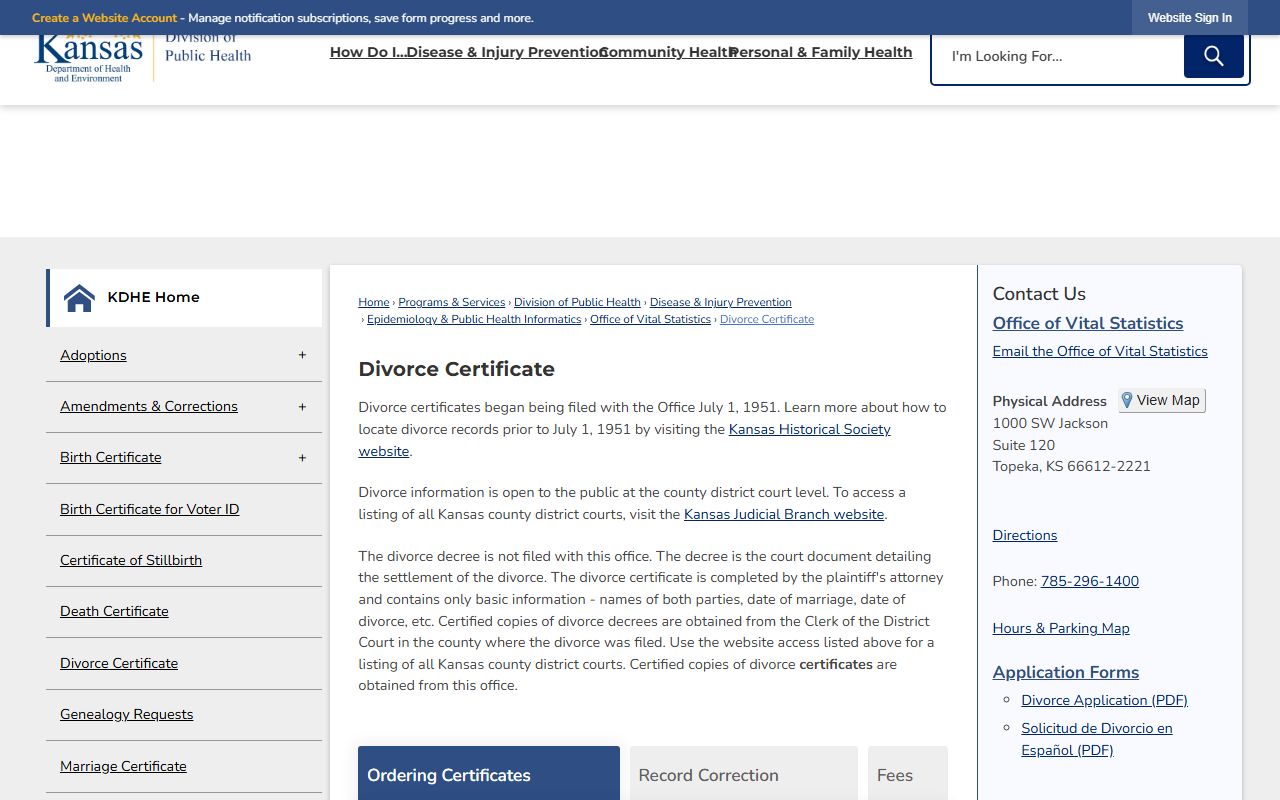 Saline County divorce certificate ordering records page