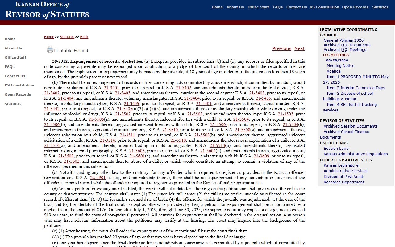 Saline County probate records Kansas juvenile expungement statute page