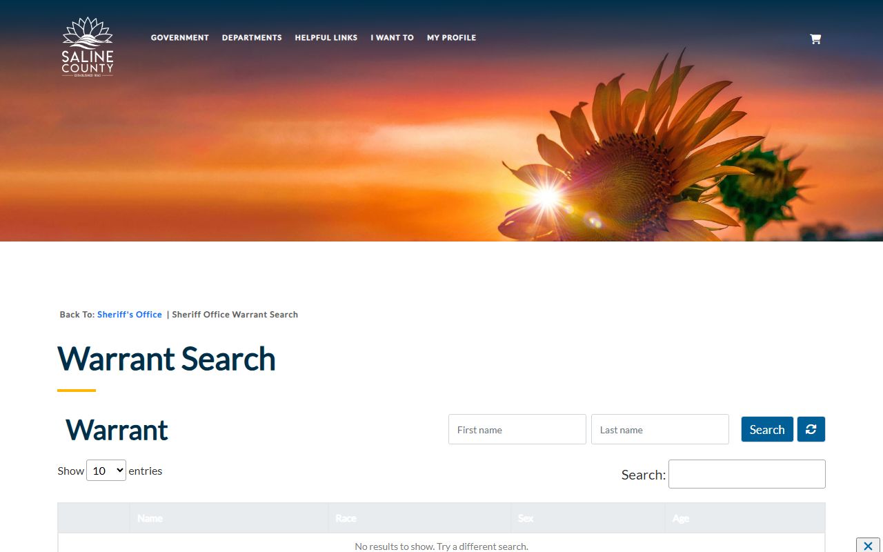 Saline County warrant records sheriff warrant search page